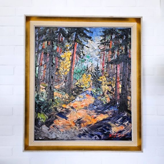 Oud Olieverfschilderij op linnen, uit Denemarken, geschilderd en gesigneerd door Kristian Bjulver (1910-1987) - in lijst met goud en linnen - 80x70cm - Bos / Boszicht / Bospad in dikke lagen olieverf (vraag naar meer foto's) - in zeer goede staat - sold