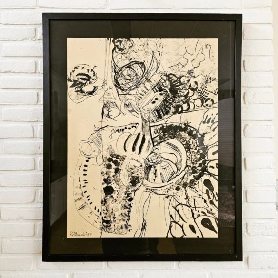 Abstract werk van Rob Brandes, 1970 - Inside Outside 3 - Inkt tekening op papier, ingelijst in zwarte houten lijst met glas en gesigneerd, ook op de achterkant - 77,5x62,5cm - € 80