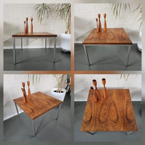Salontafel / Bijzettafel met pallissander blad en metalen onderstel - mooi strak model en in goede vintage staat - 60x60x41,5cm - € 140
