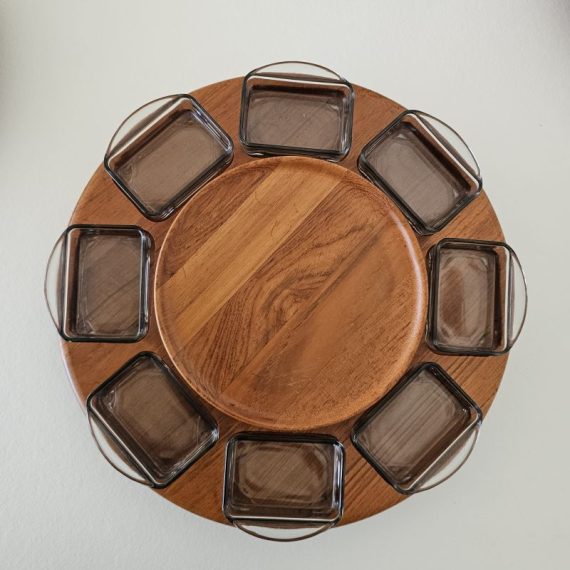 Vintage Lazy Susan van Digsmed, Deens design, Ø40 cm draaiplateau schaal - teak met losse rookglazen schalen - in nieuwstaat - € 195