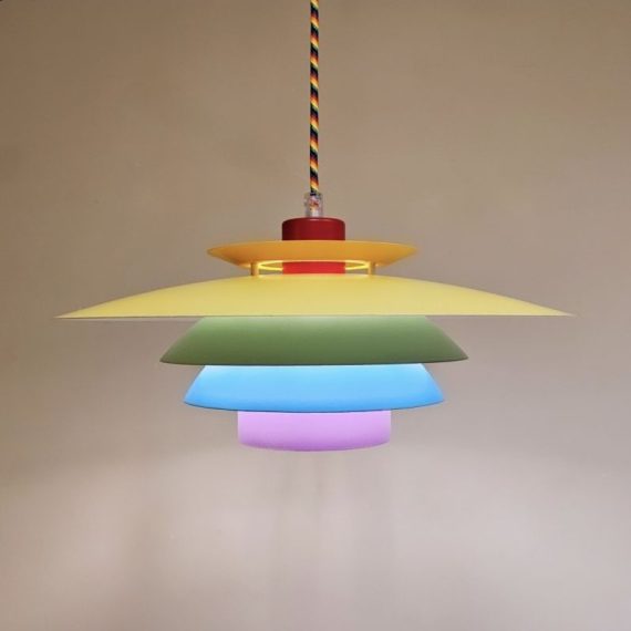 Deens design Regenboog Schalenlamp met stoffen regenboog snoer - Danish Rainbow pendant Lamp - Ø40cm - in nieuwstaat, origineel en zeer zeldzaam / uniek! € 740